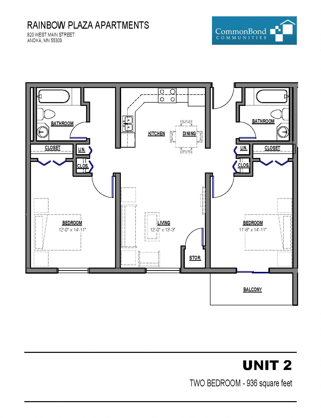 Floor plan for 2 beds, 2 baths, 936 sqft